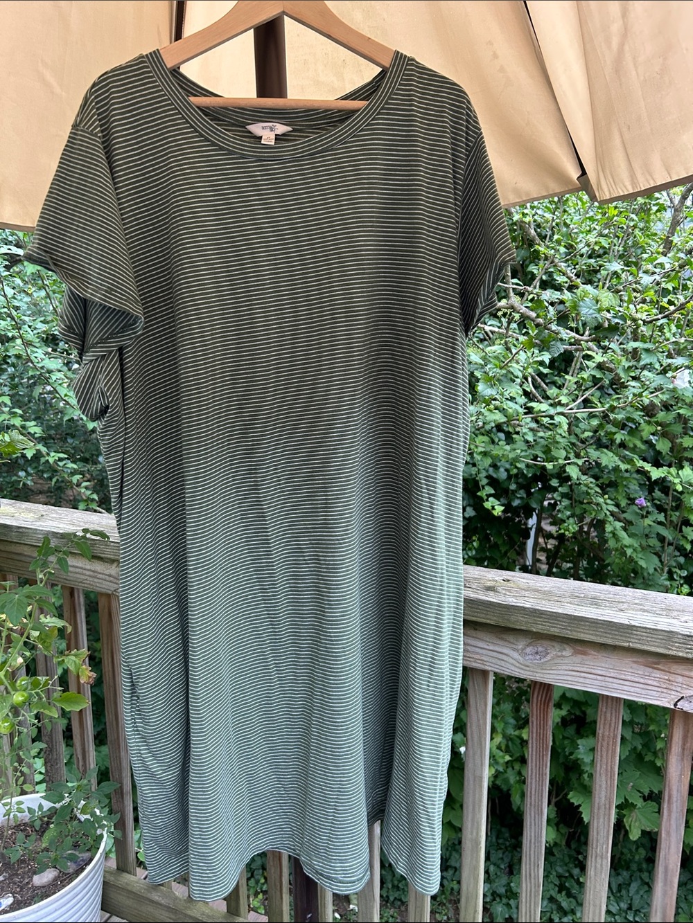 Striped Midi T-Shirt Dress in Olive Green - Unbranded